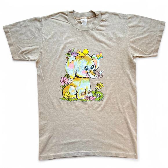 Vintage Tops - True Vintage 70s Trippy Rainbow Elephant Nature Cartoon T Shirt Flowers Hippie M